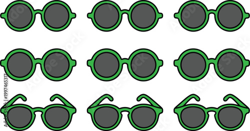 Set of Round Green Sunglasses Icons with Different Frame Styles and Dark Lenses for Fashion, Summer Accessories, Eyewear Collection Vector Design