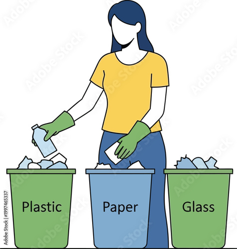 Woman sorting household waste into designated recycling bins for environmental care.