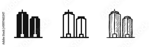 Skyscraper Building Icons, City Skyline Urban Symbols in Solid Outline and Hand-Drawn Styles