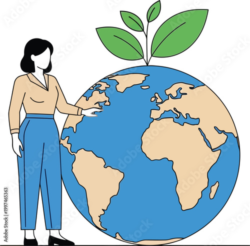 Woman nurturing a green planet, symbolizing environmental protection and global sustainability.