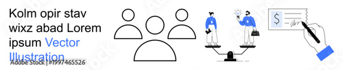 Business ethics, legal agreements, teamwork, equality in the workplace, decision-making, human resources. Outlined figures, scales signature on document. Equality and business ethics concept