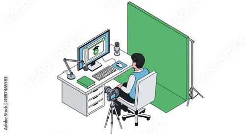 Isometric Illustration of a Content Creator Recording an Online Course with Green Screen and Professional Camera in Home Studio