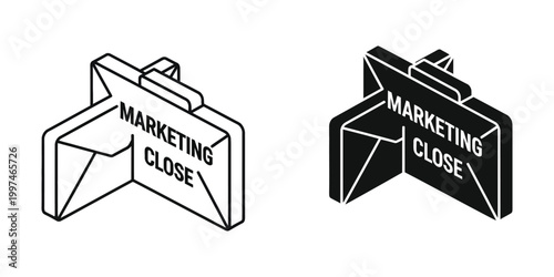 Isometric illustrations of a closed marketing campaign sign in different styles