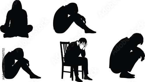 Depressed people silhouettes set, sad individuals sitting and feeling anxiety isolated on white background, mental health stress concept illustration
