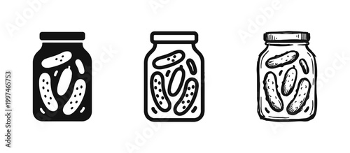 Pickle jar icon set including silhouette, thin line, and hand-drawn styles of preserved cucumbers in a glass jar.