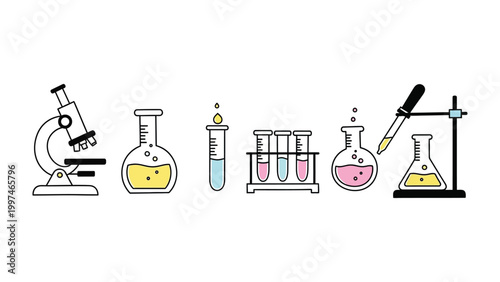 Science Tools Illustration: A collection of meticulously crafted scientific instruments and equipment arranged in a precise row, ready to aid in experimentation and discovery.