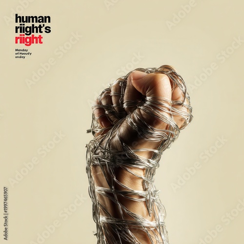 Human rights concept with clenched fist wrapped in barbed wire on beige background