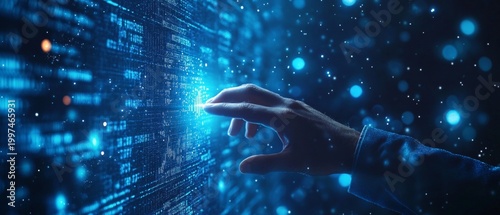 A hand touches a glowing stream of digital data against a blue background — an interactive backdrop for topics such as big data, AI and human-machine interaction.