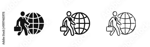 Global business icon set depicting a businessman with a briefcase walking next to a globe in three distinct styles.