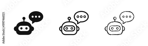 Chatbot icon set featuring a robot head with a speech bubble in silhouette, line, and hand-drawn graphic styles.