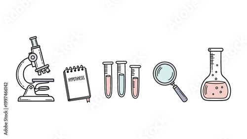 Scientific Research Equipment: A collection of essential tools in scientific research, from magnifying glass, microscope and test tube, notebook to conical flask.