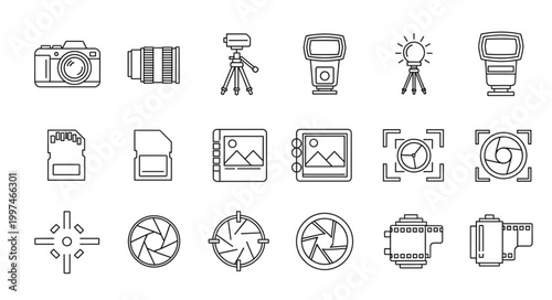 Photography equipment and accessories, camera, lens, flash, tripod, and film roll.