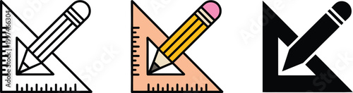Pencil with triangle ruler icon, vector illustration for education, drafting, geometry tools, architecture and school stationery design elements.