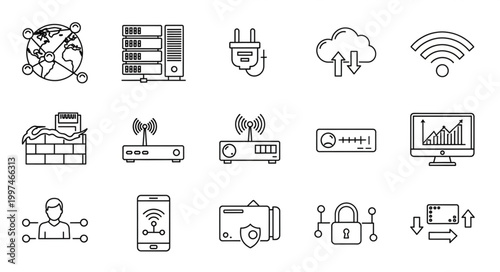 Network and internet technology icons representing various digital concepts and devices.