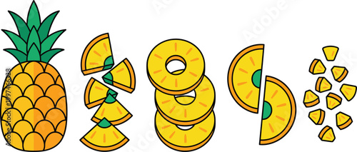 Pineapple Fruit Set with Whole Pineapple, Slices, Rings, Wedges and Small Chunks in Hand Drawn Flat Vector Illustration Style