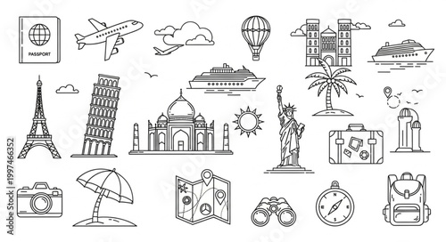 Travel and tourism themed sketch illustrations of various landmarks and objects.