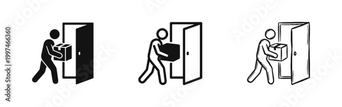 Courier delivery icon set showing a person carrying a cardboard box through a doorway in various artistic styles.