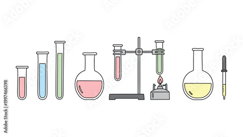Lab Essentials: A comprehensive view of various lab equipment, each meticulously crafted and filled with colorful solutions, captures the essence of scientific discovery and experimentation.