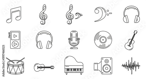 Musical instruments and audio equipment in a simple black and white line art style.