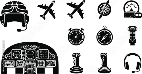 Black silhouette icons of aviation and space exploration equipment