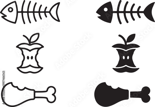 food waste icons set fish bone apple core chicken drumstick symbols vector illustration