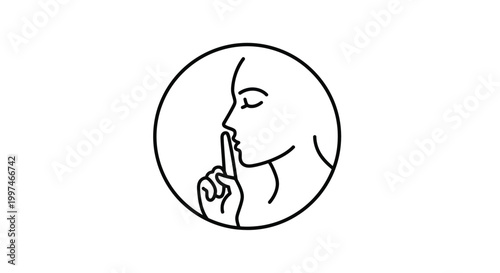Minimalist vector graphic illustration of a human profile showing a finger on lips gesture to symbolize silence or keeping a secret within a circular frame