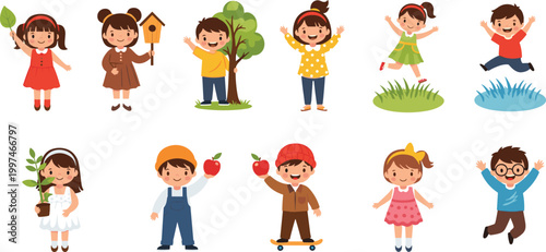 Cute children character set featuring happy boys and girls playing with nature jumping and holding apples for school education vector illustration.