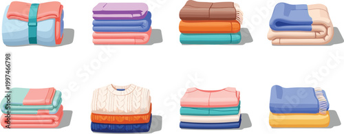 Collection of neatly folded colorful blankets and cozy winter sweaters icon set for home organization and laundry service vector illustration isolated on white.