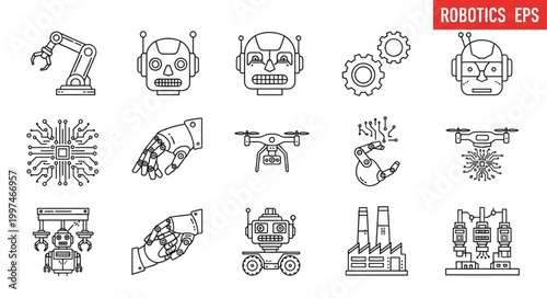Robotics and automation technology icons set for industrial design and engineering.