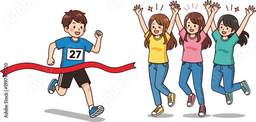 Young boy athlete crossing the finish line during a race marathon while girls cheer for his victory vector illustration on white background.