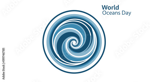 World Oceans Day Blue Swirl Emblem.
