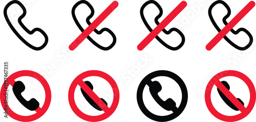 Phone calling not allowed symbol set, call ban sign, off the phone warning icon, noise forbidden label and prohibition sticker vector collection for restricted area rules and public safety design.