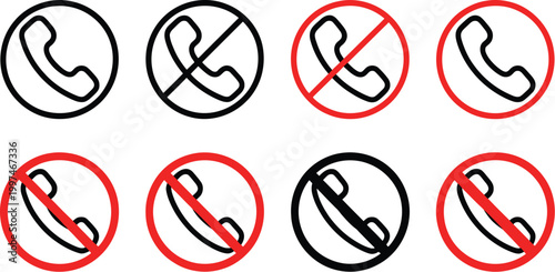 Phone calling not allowed symbol set, call ban sign, off the phone warning icon, noise forbidden label and prohibition sticker vector collection for restricted area rules and public safety design.