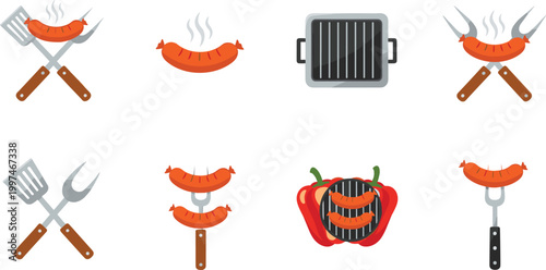 Grilled Sausages and BBQ Tools Illustration Set for Barbecue, Cooking, and Outdoor Grill Activities