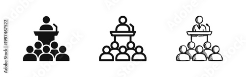 Public speaking icon set showing a lecturer at a podium before an audience in three distinct graphic styles.