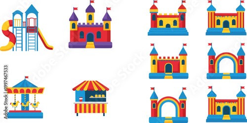 Colorful amusement park icon set featuring bouncy castles carousel playground slides and food stall for children party vector illustration.