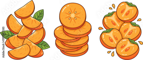 Persimmon Fruit Slices and Segments Collection with Juicy Pieces, Cross Sections and Leaves in Detailed Flat Vector Illustration Style