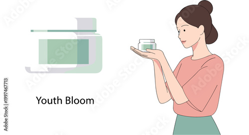 Woman holding skincare cream in natural light with soft focus for beauty product advertising