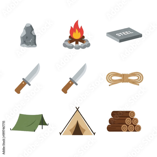 Camping Gear Icons Set For Outdoor Adventure.