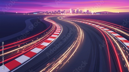 Dynamic race track illustration with fast-paced light trails and a city skyline at twilight, showcasing urban speed
