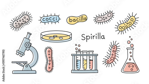Microscopic Wonders: An illustrated depiction of the fascinating world of microbes, showcasing various bacterial forms, laboratory equipment, and the essence of scientific inquiry.