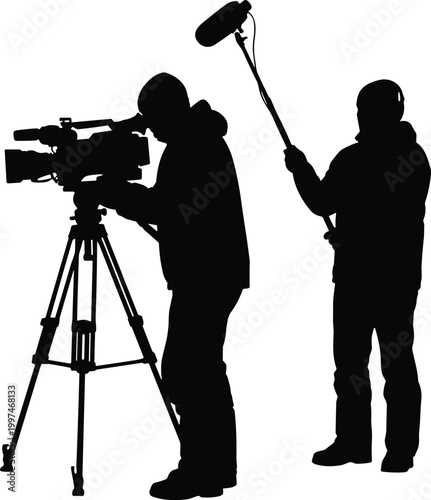 Film crew silhouettes, cameraman and sound operator recording video isolated on white background, media production filmmaking concept illustration design