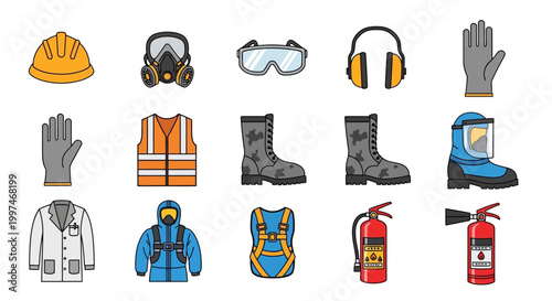Vector set of safety equipment and personal protective equipment icons.