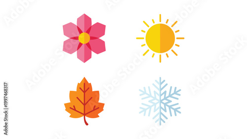 Four iconic symbols representing the changing seasons and weather conditions