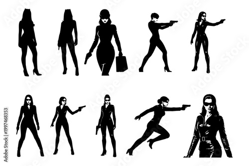 Secret Agent Spy Woman Silhouette Vector Set Spy Illustration Collection
