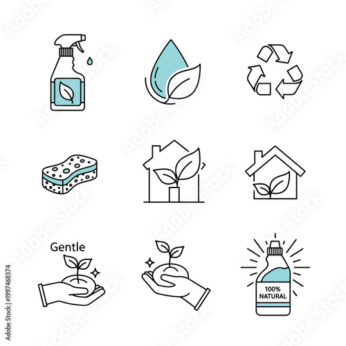 Eco friendly cleaning icons with spray bottle and leaf