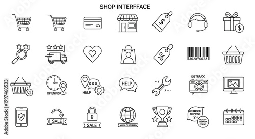 Collection of Shop Interface Line Icons for E-commerce and Online Shopping