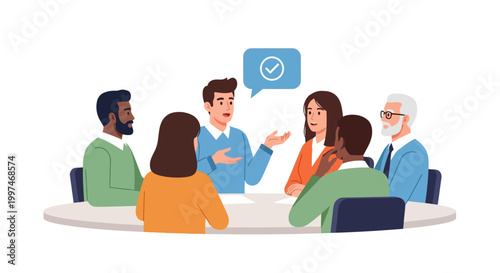 Diverse Team Business Meeting for Collaboration, Discussion, and Successful Agreement. Professionals Reaching Consensus and Making Decisions. Flat Vector Illustration.