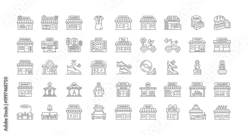 Collection of various storefront icons in a clean, minimalist style.