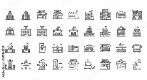 Collection of Outline City Buildings and Public Service Icons